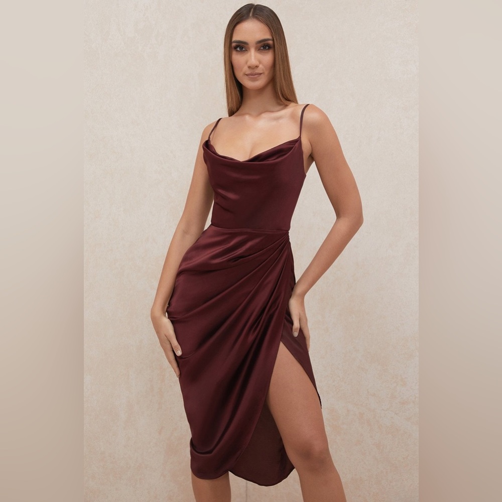 HOUSE OF CB 'Reva' Raisin Satin Balcony Corset Dress - Picture 5 of 16